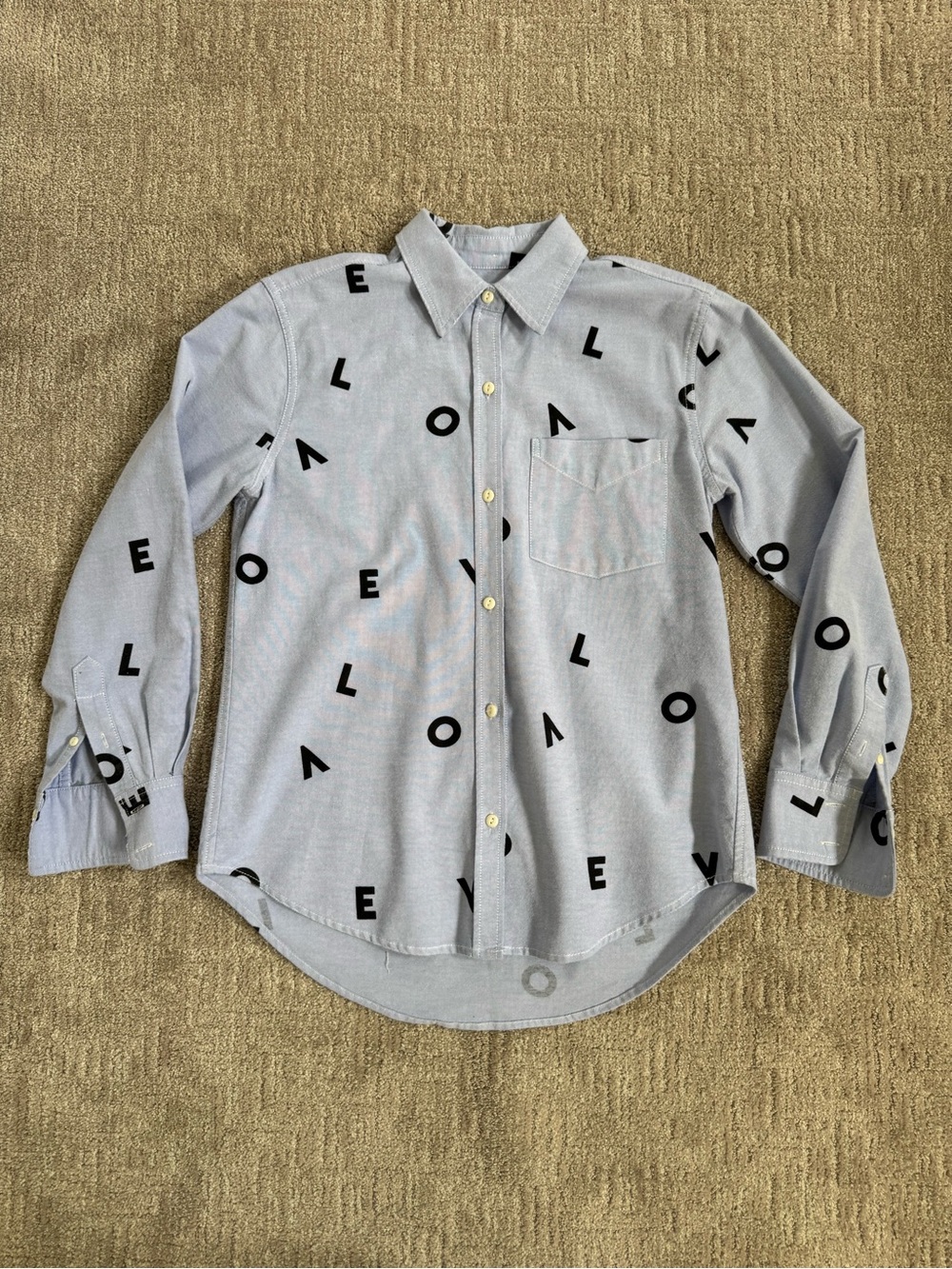 Current/Elliott Light Blue Button-Down Shirt with “LOVE” Black Letter Print